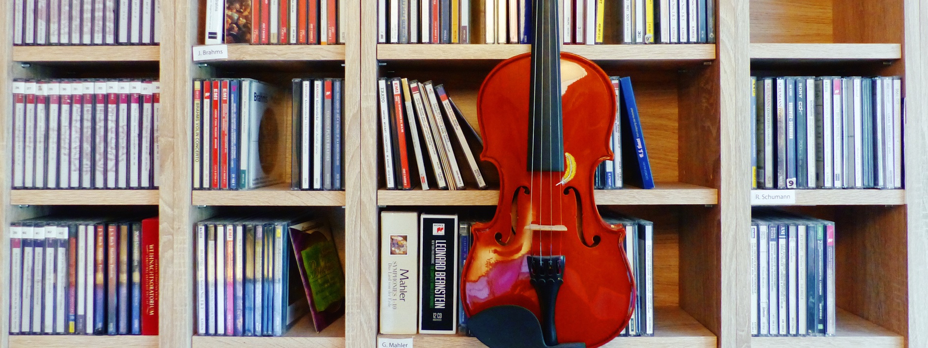 Violine vor einem Holzregal mit CDs klassischer Musik